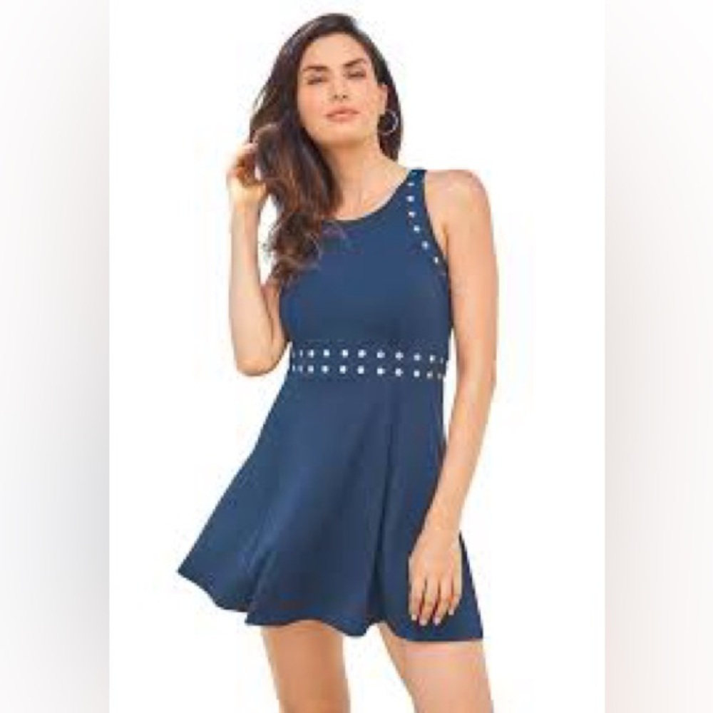 Swimsuits For All navy high neck silver stud accent 1 piece swim dress, size 22.